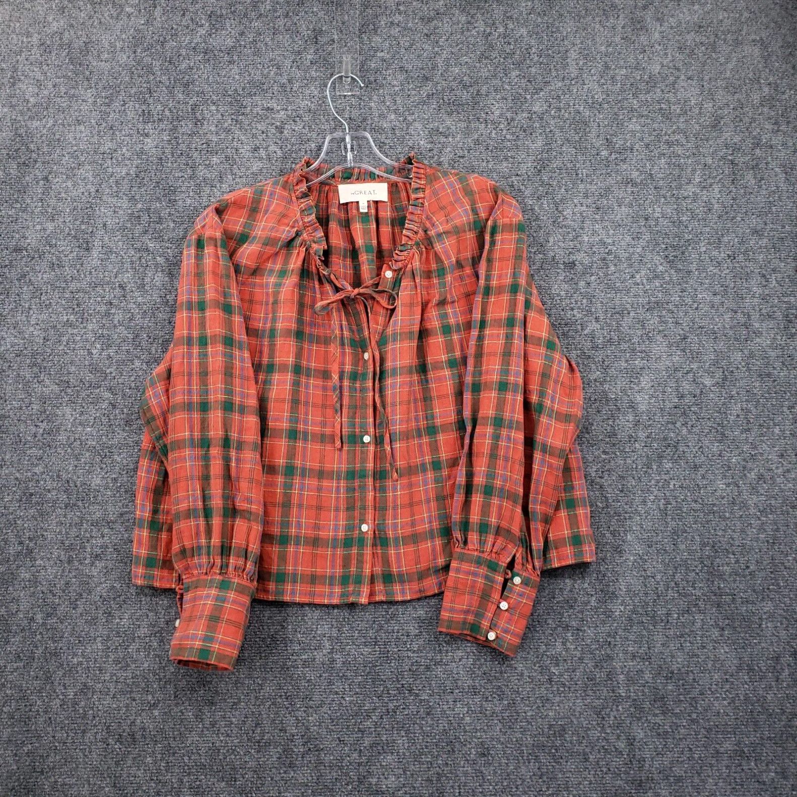 Image of The Great Frog The Great Blouse Womens 0 Xs Red Forage Top Holly Plaid Tie Neck Long Sleeves in Whi