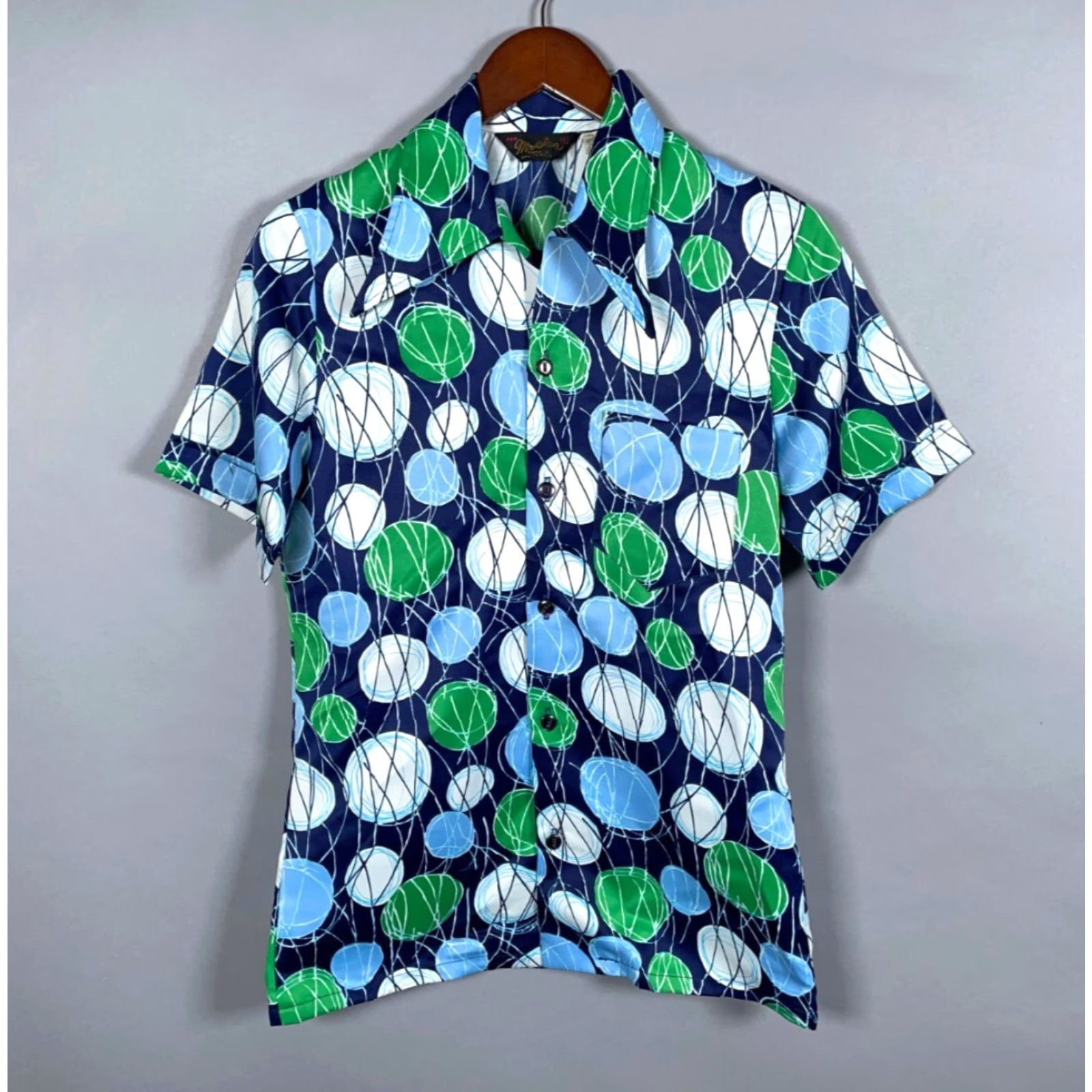 Vintage VTG Mr. Jan Geometric Pattern Shirt Adult Small Blue Green 60s 70s Vintage Casual Button-Up Mens Short Sleeve Collared - Polyester Size US S / EU 44-46 / 1 - 2 Thumbnail