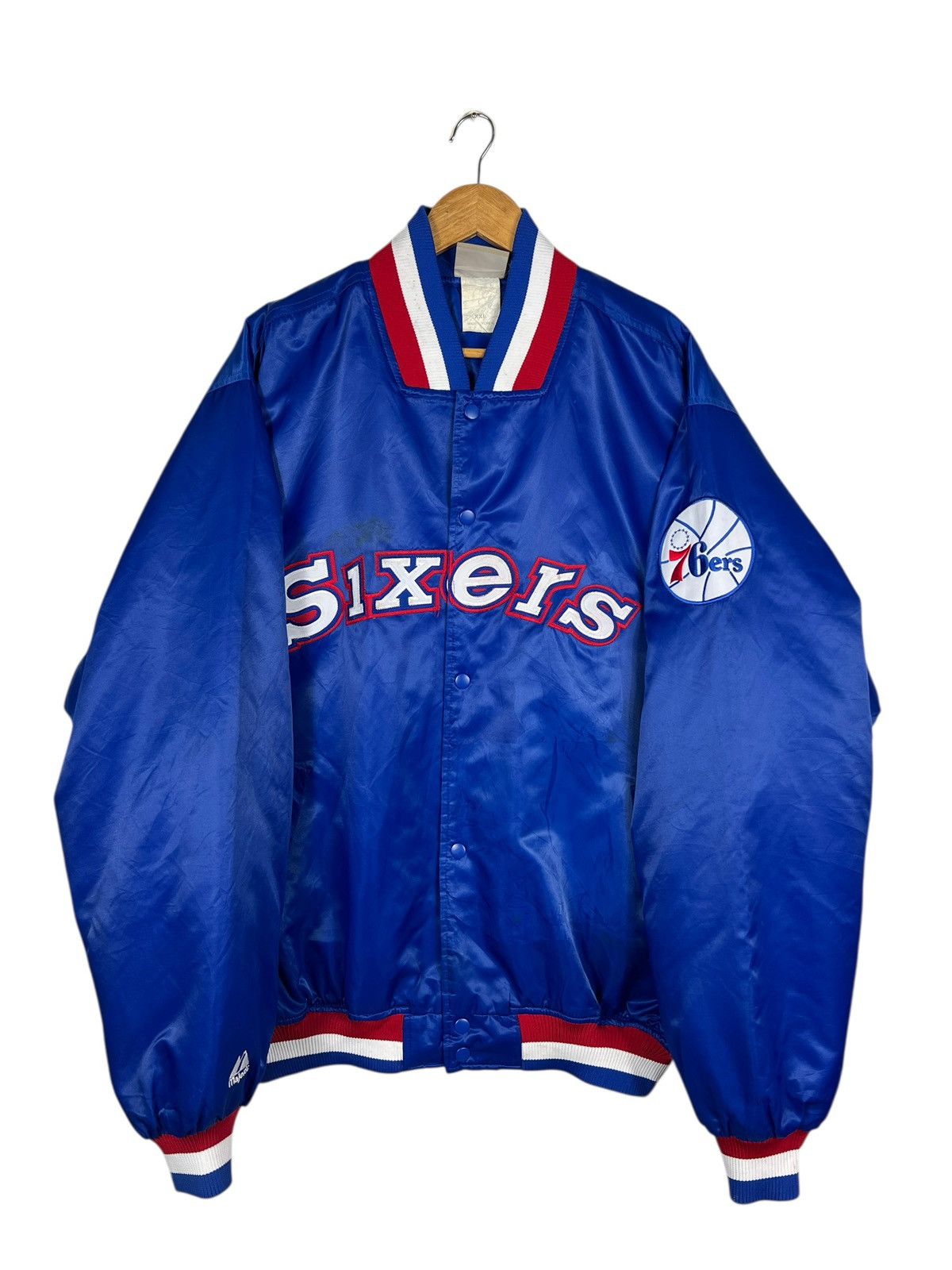 Majestic 🔥 Vintage NBA 76ers Sixers Majestic Satin Bomber Jacket Size US XXL / EU 58 / 5 - 7 Thumbnail