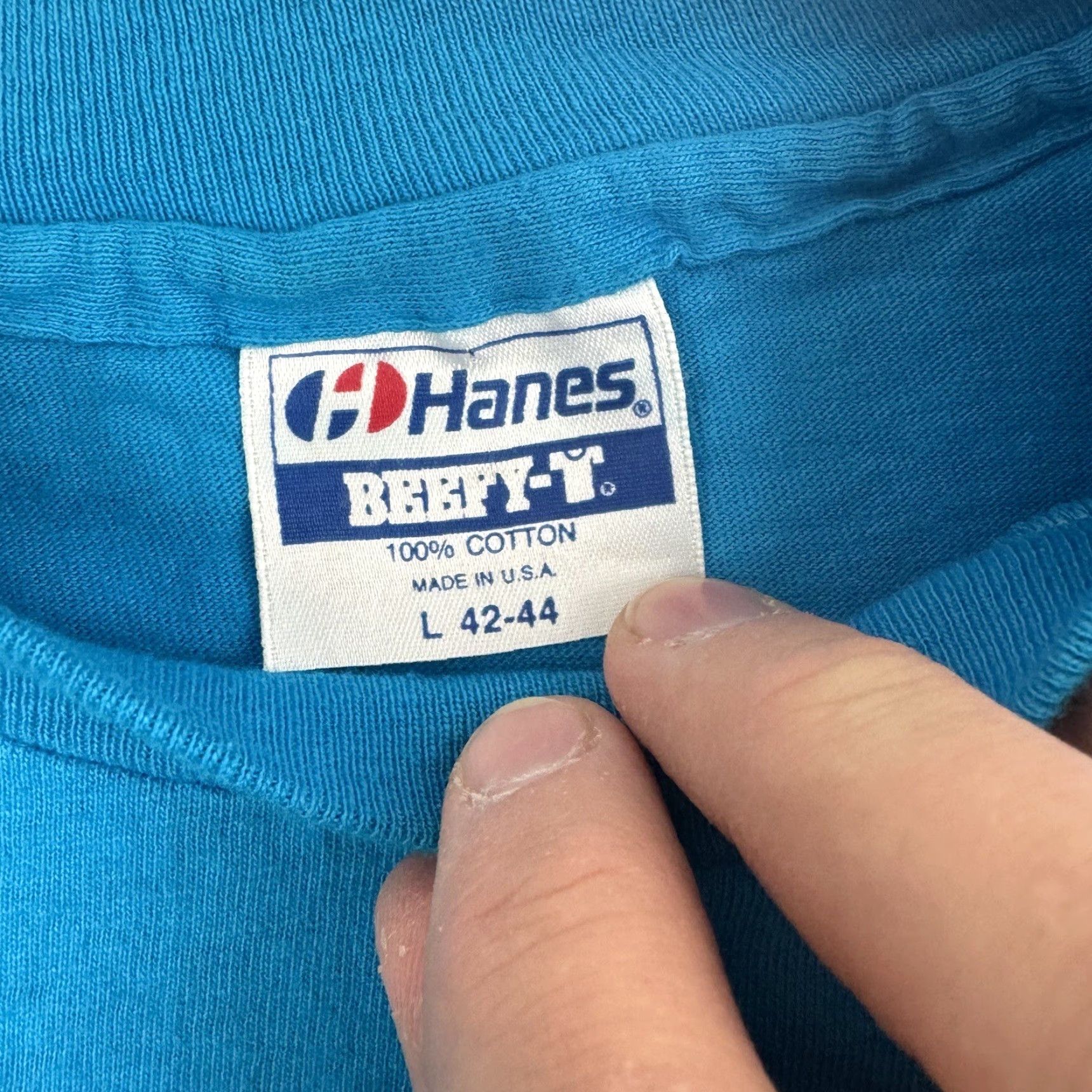 Hanes VINTAGE Hanes Shirt Adult Large Blue Solid Crew Neck Short Sleeve Travel Nature Ocean 90s Mens Size US L / EU 52-54 / 3 - 5 Thumbnail