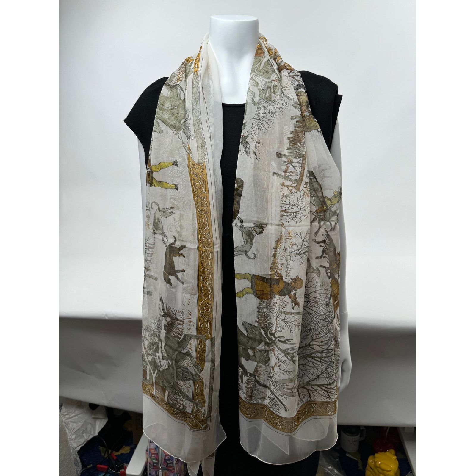 Hermes Hermes Rare Mirrored Image Hunt Scene Sheer Large Cape Shaw Size ONE SIZE - 2 Thumbnail