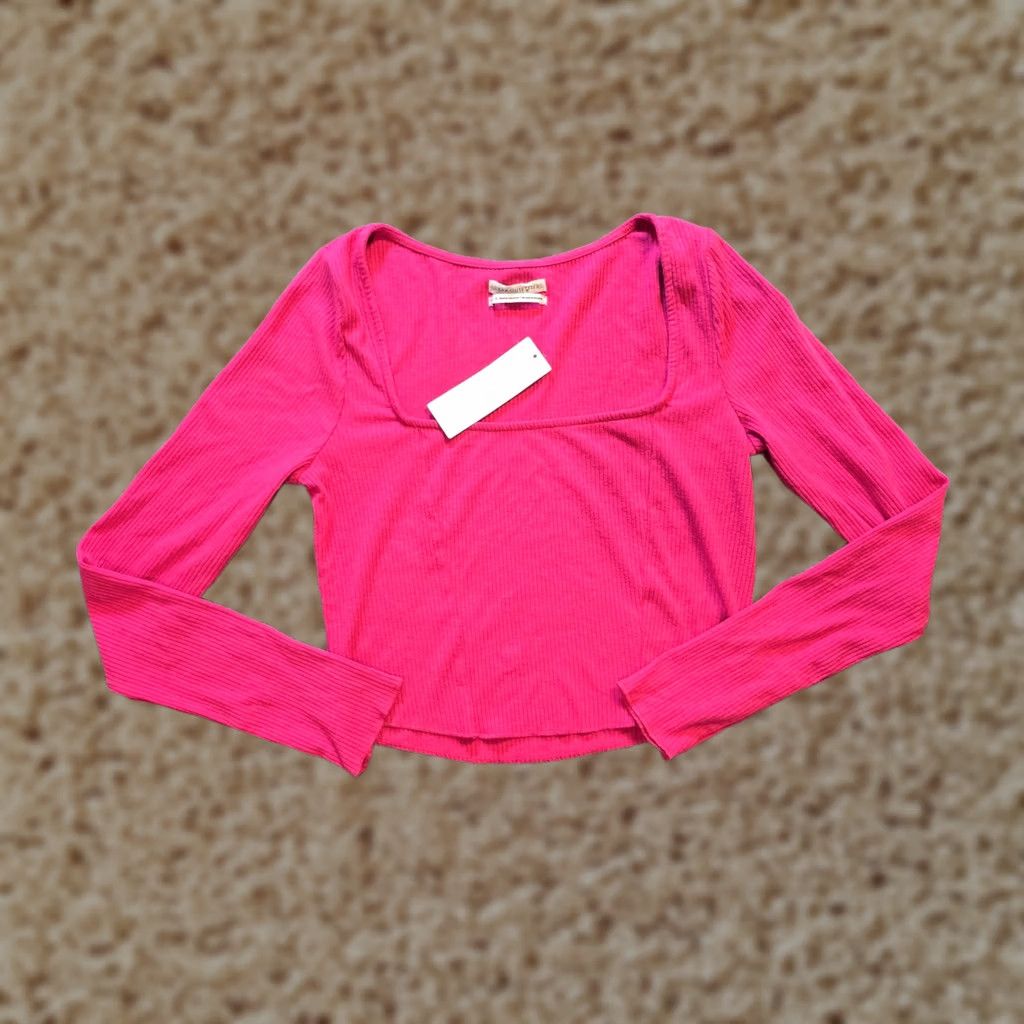 Urban Outfitters Urban Outfitters Top Women's Large Pink Ribbed Cropped Long Sleeve Capsule Casual Shirt Size L / US 10 / IT 46 - 1 Thumbnail