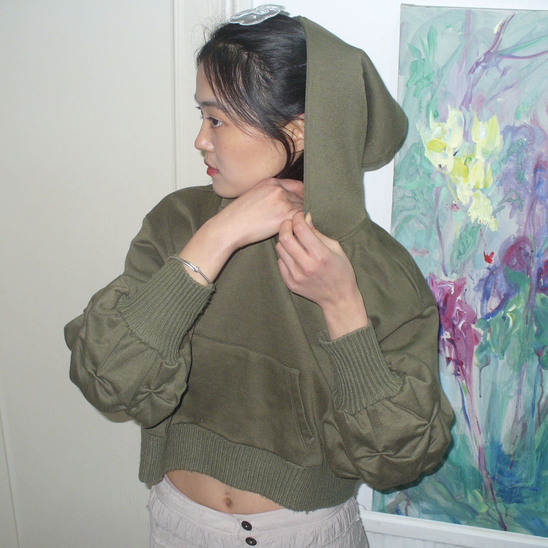Other Japanese preloved cropped army green hoodie Size ONE SIZE - 4 Thumbnail