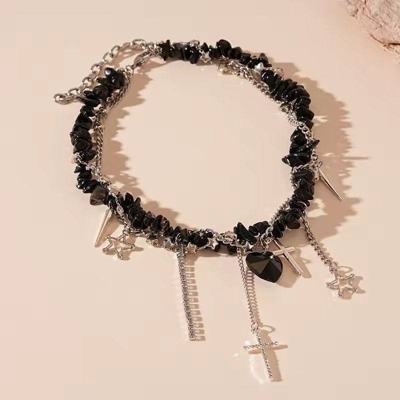 Other Goth Emo Punk Heart Cross Charms Black Stone Choker Necklace Size ONE SIZE - 2 Thumbnail