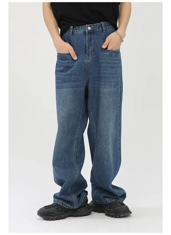 Japanese Brand Dark blue washed large pocket straight denim trousers Size US 32 / EU 48 - 1 Thumbnail