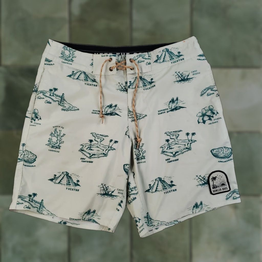 Howler Brothers Howler Brothers Board Shorts Mens 30 Map Print Swim Trunks Drawstring Beige Ocean Travel Geometric Pattern Quick Dry Lined Back Pocket Mens Size US 30 / EU 46 - 1 Thumbnail