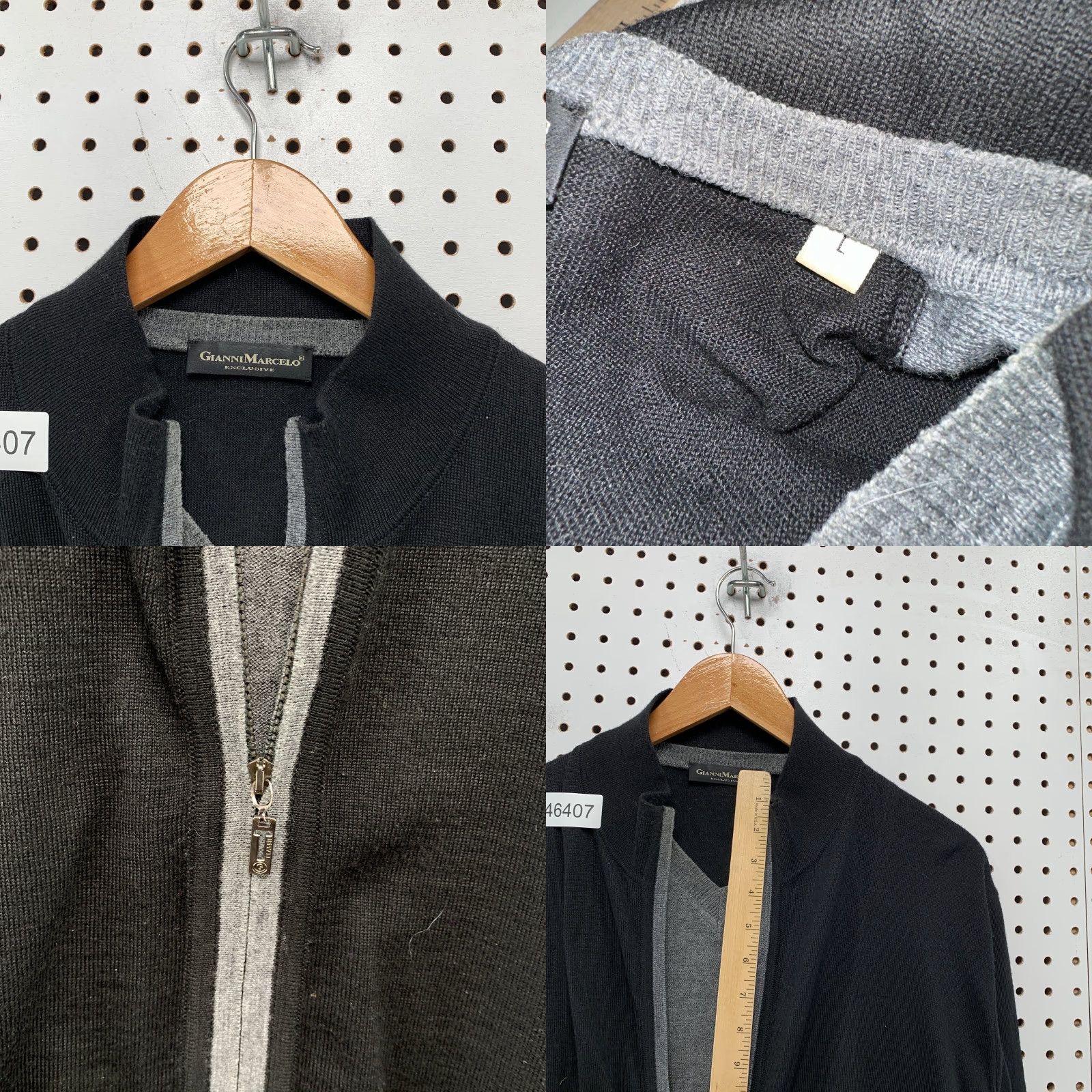 Vintage Gianni Marcelo Merino Wool Sweater Cardigan Mens Large Black Gray Layered Zip Shirt (note: ensure single category word) Size US L / EU 52-54 / 3 - 8 Thumbnail
