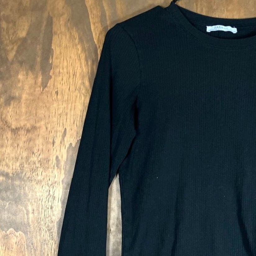 Zara ZARA Womens Shirt Black Ribbed Crew Neck Button Wrist Long Sleeve Stretch Large Size L / US 10 / IT 46 - 4 Thumbnail