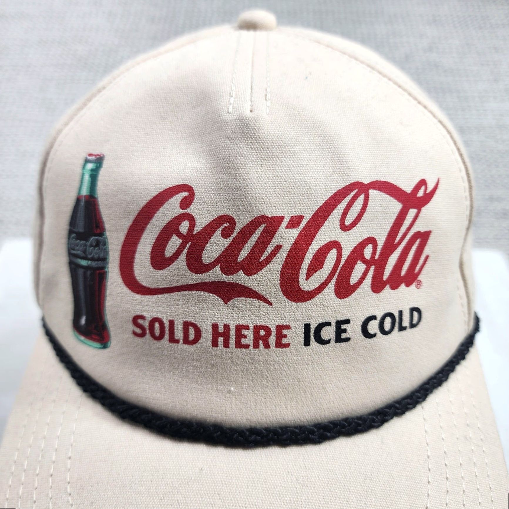American Needle VINTAGE American Needle Coca-Cola Hat Cap Snap Back Tan Rope Advertising USA Mens Adjustable One Size Beige Twill Front Print 90s Classic Size ONE SIZE - 2 Thumbnail