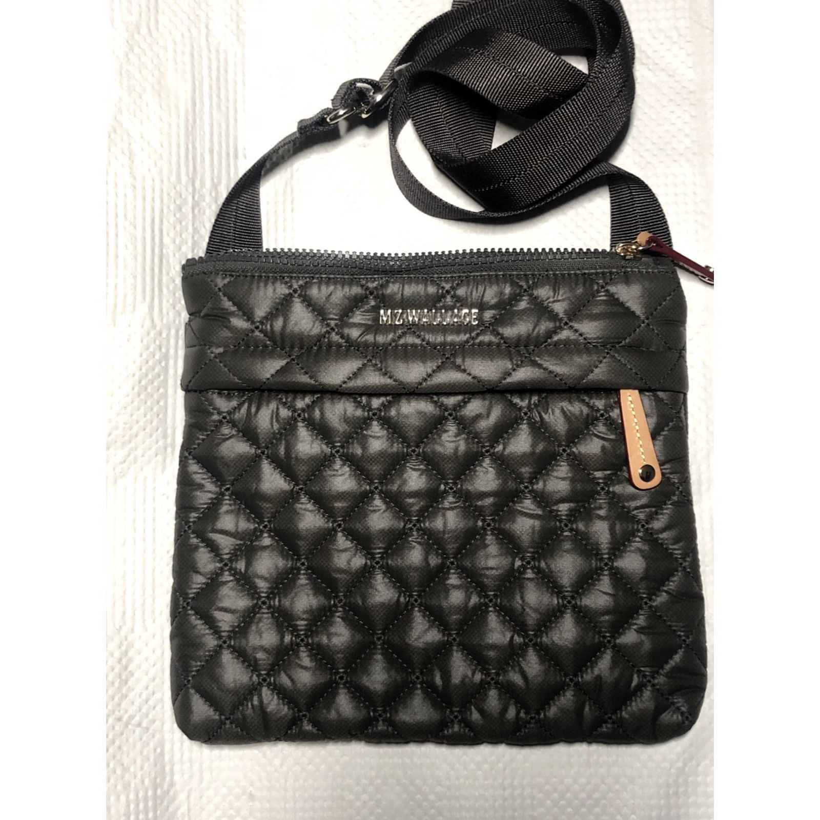MZ Wallace MZ Wallace Bag Womens Small-Medium Metro Flat Crossbody Grey Olive Quilted Fabric Leather Trim Size ONE SIZE - 3 Thumbnail