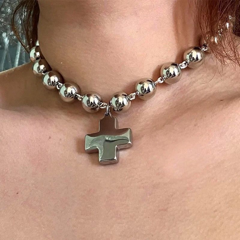 Jewelry Round Beaded Chains Cross Pendant Necklace in Silver, Men's