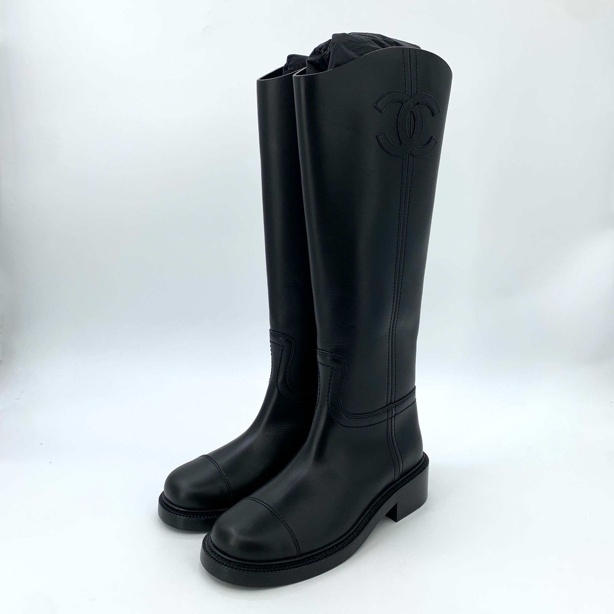 Chanel Chanel Black Logo Leather Riding Boots (Size 38) Size US 8 / IT 38 - 1 Thumbnail