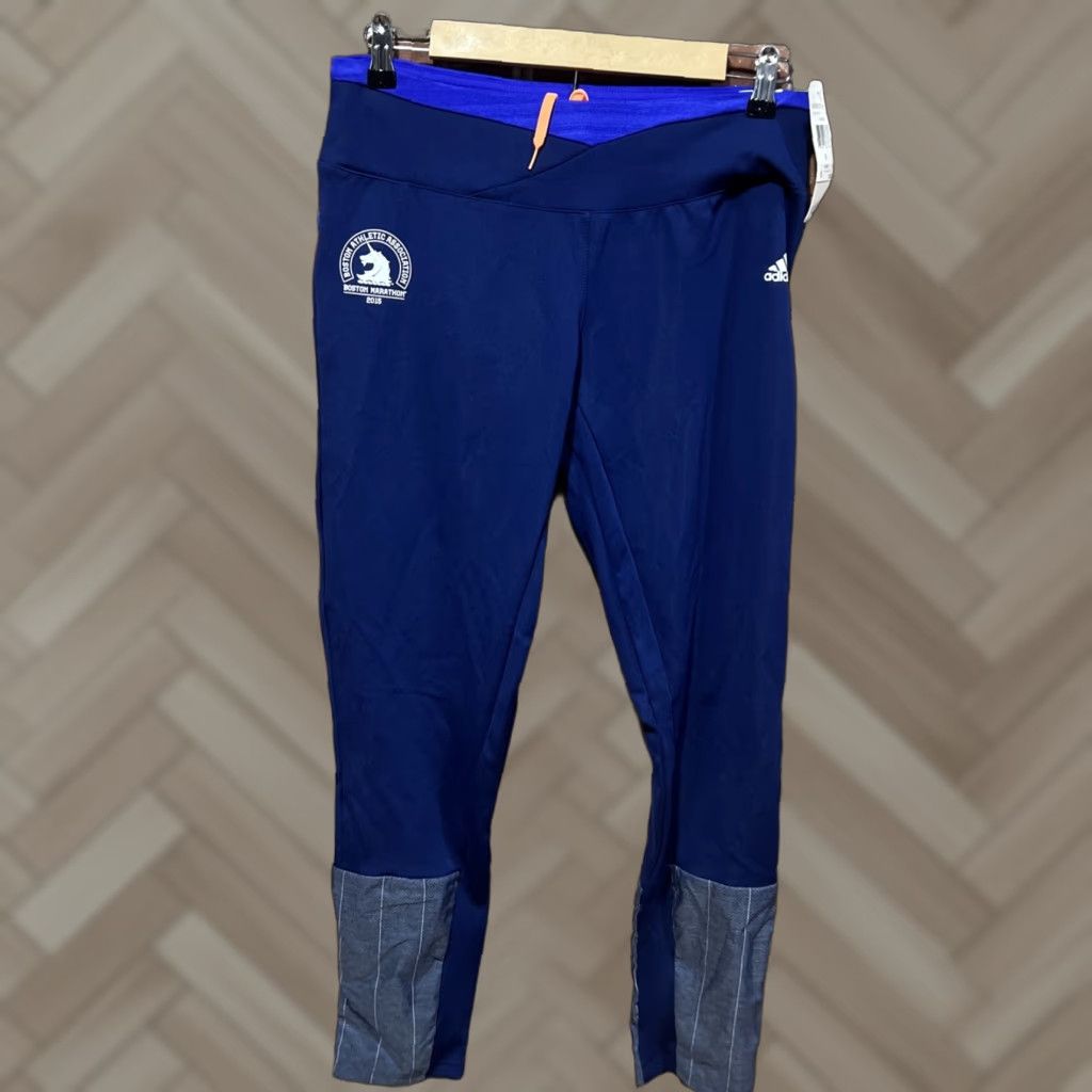 Adidas NWT Adidas Leggings Womens Blue Small Boston Marathon 2015 Running Aeroready Pattern Some Stripes Zip Pocket Logo Size 28" / US 6 / IT 42 - 1 Thumbnail