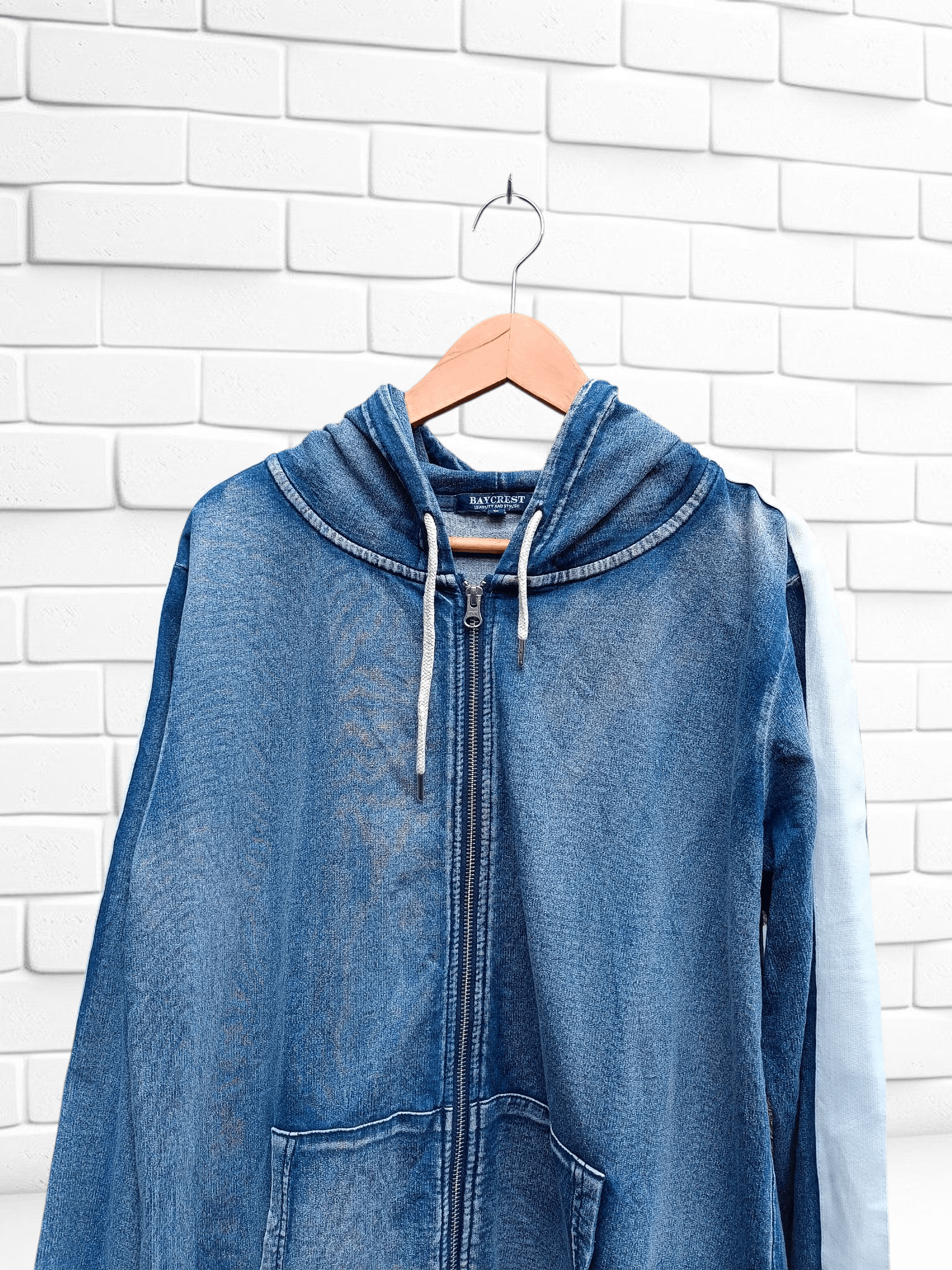 Japanese Brand Denim Style Baycrest Zip-Up Hoodie with Cut Denim Stripes Size US L / EU 52-54 / 3 - 3 Thumbnail