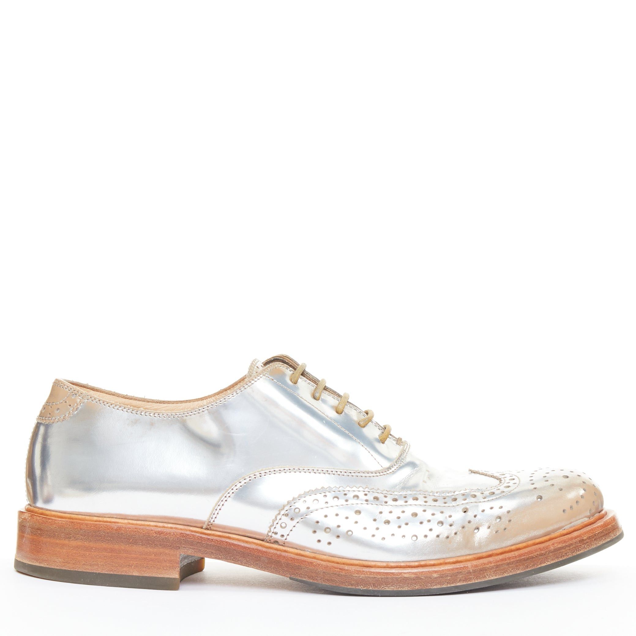 Alexander McQueen ALEXANDER MCQUEEN metallic silver leather perforated wingtip brogue shoes EU43 Size US 10 / EU 43 - 1 Thumbnail