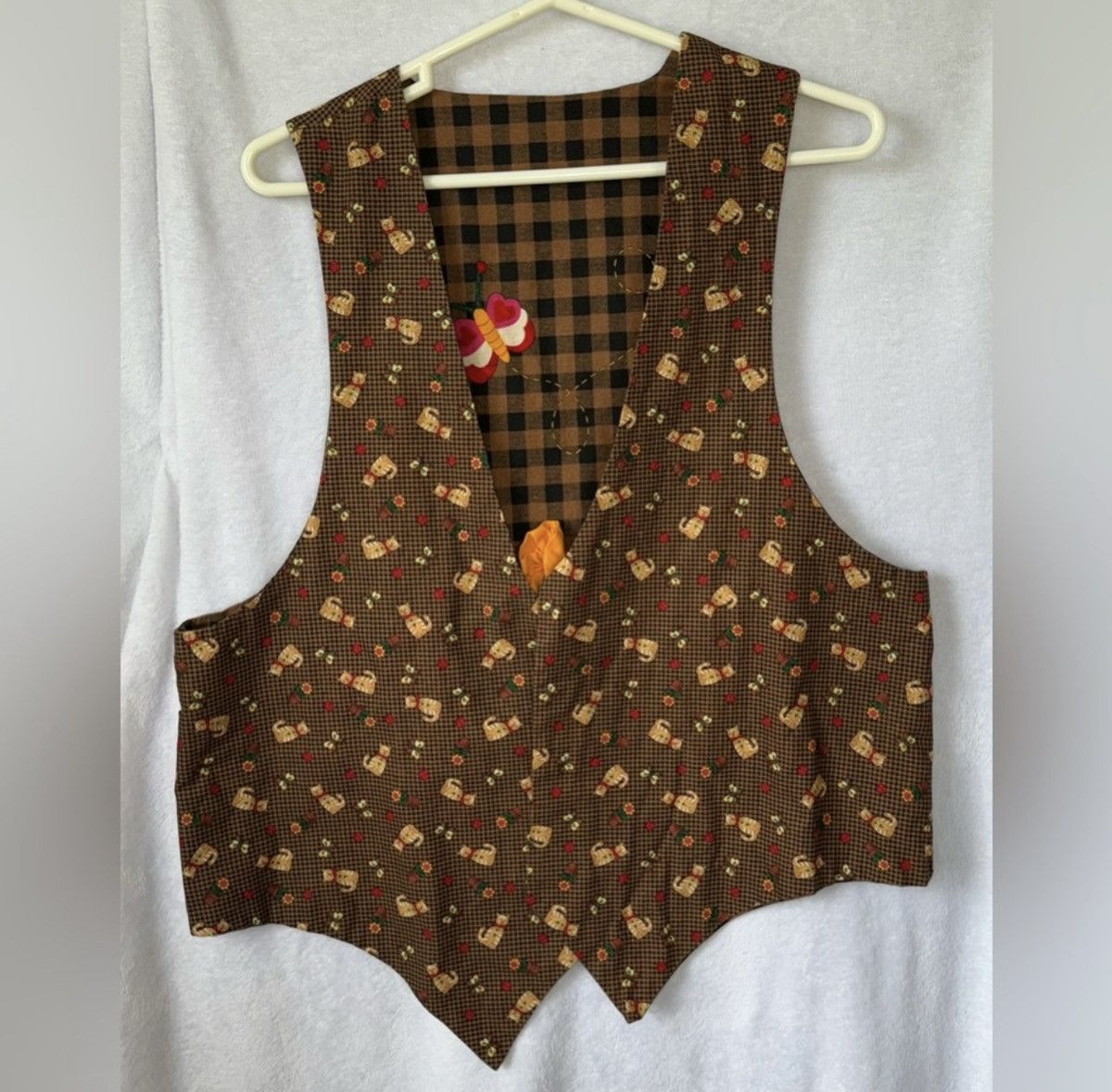 Vintage Handmade Large Brown Reversible Cat Floral Gingham Vest Size L / US 10 / IT 46 - 5 Thumbnail