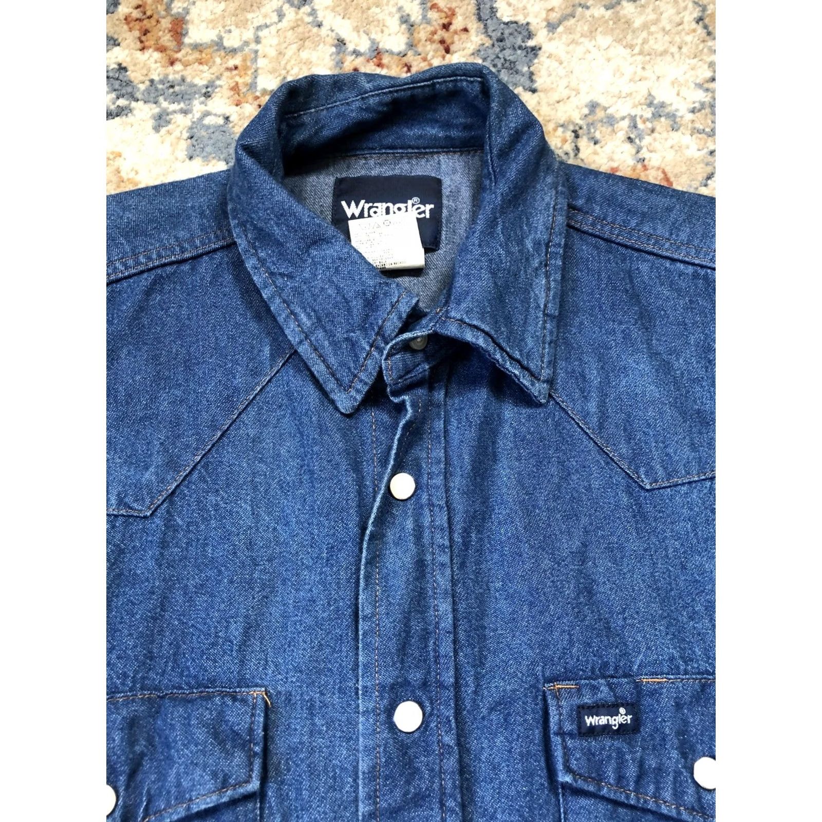 Wrangler Wrangler Denim Western Shirt Mens Medium Pearl Snap Long Sleeve Cowboy MS70119 Denim Blue/Blue Indigo Cotton Button-Up Size US M / EU 48-50 / 2 - 2 Thumbnail