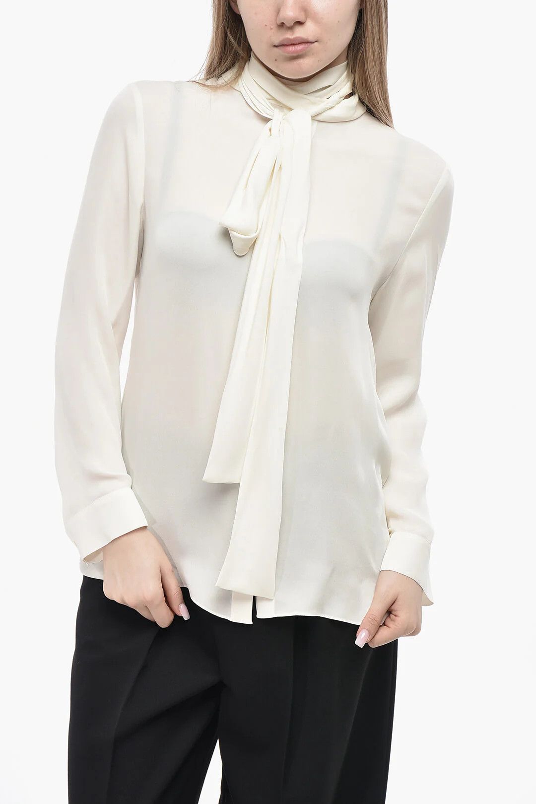 KHAITE og1mm0426 Silk Tie-Neck Silk Blouse in White Size M / US 6-8 / IT 42-44 - 1 Thumbnail