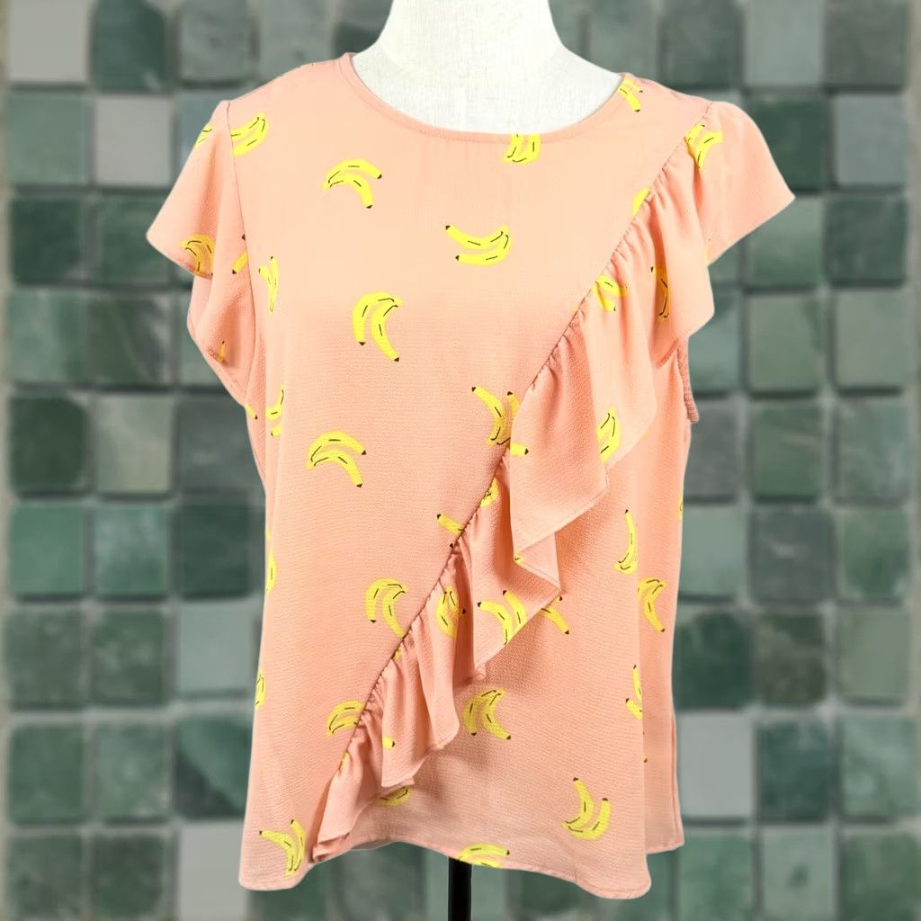 Hudson June & Hudson Peach Pink Banana Print Ruffled Short Sleeve Blouse - Summer Fashion Size L / US 10 / IT 46 - 1 Thumbnail