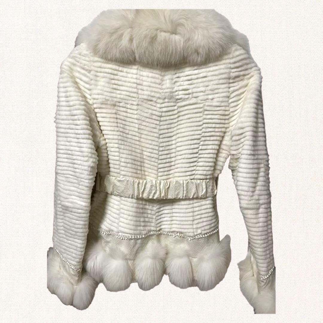 Designer white rabbit fur coat, collar is arctic fox sz S Size S / US 4 / IT 40 - 3 Thumbnail