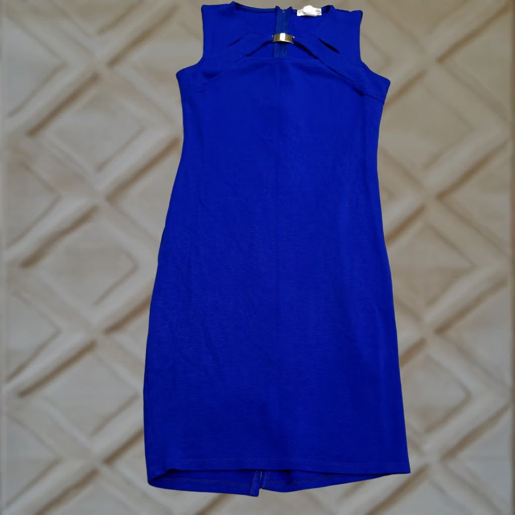 Vintage A'Gaci Bodycon Midi Dress Women Large Royal Blue Gold Accent Sleeveless Cut Out Size L / US 10 / IT 46 - 1 Thumbnail