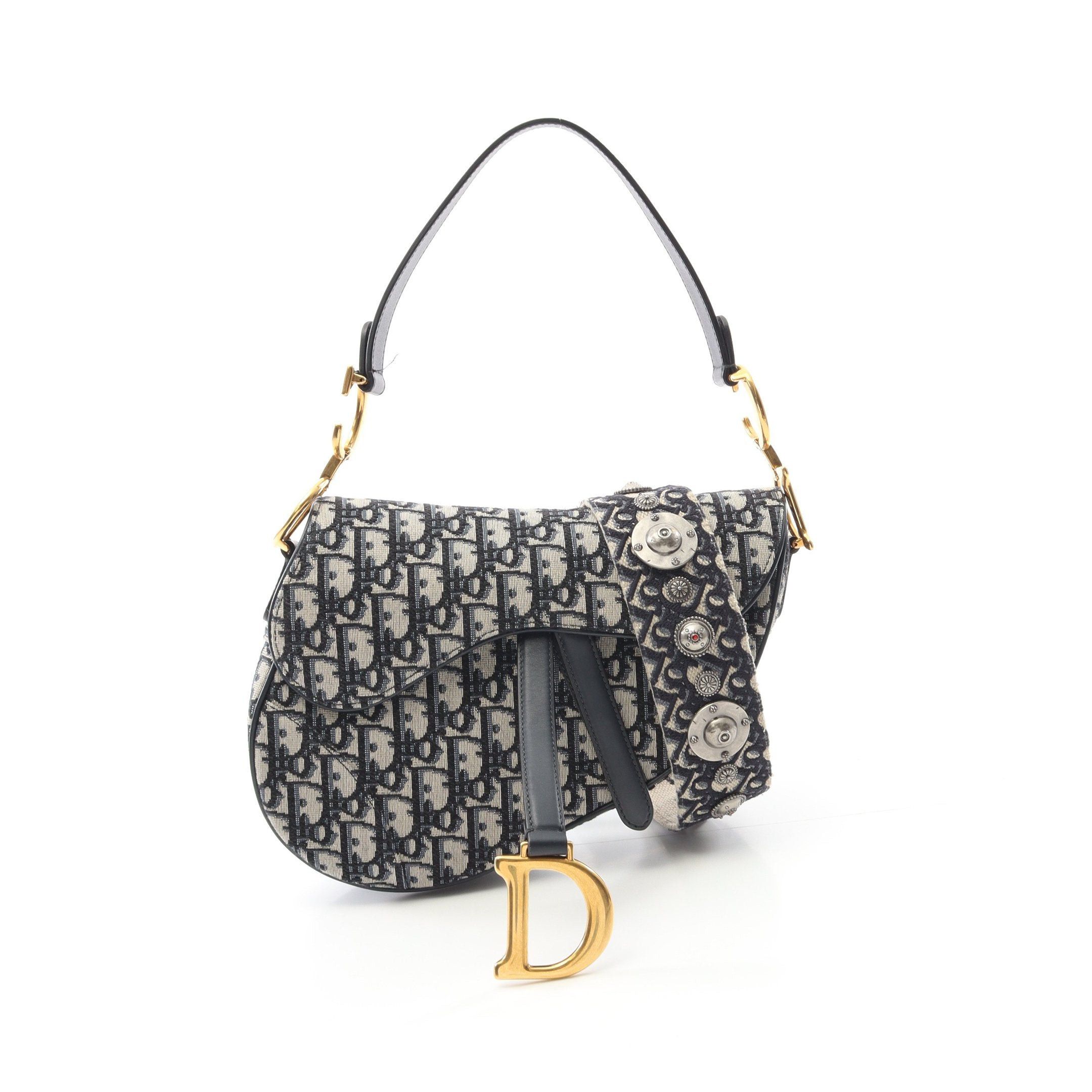 Dior Dior Saddle Bag Oblique Jacquard Handbag Canvas Leather Beige Navy With Optional Shoulder Strap Size ONE SIZE - 1 Thumbnail