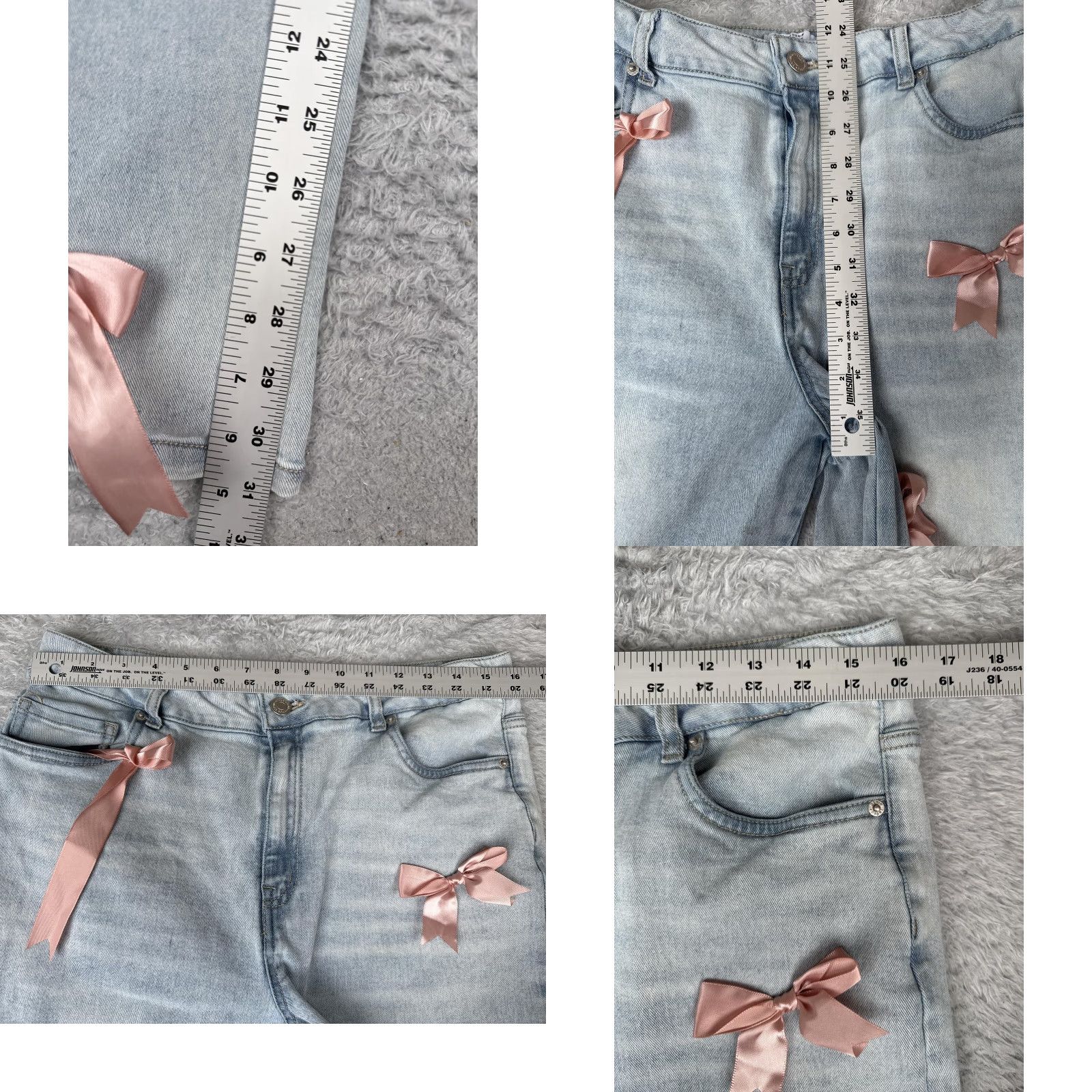 Vintage Refuge Denim Jeans Womens 9 Light Wash High Rise Wide-Leg Bow Embellished 90s Satin Ribbon Pockets Size 30" / US 8 / IT 44 - 8 Thumbnail