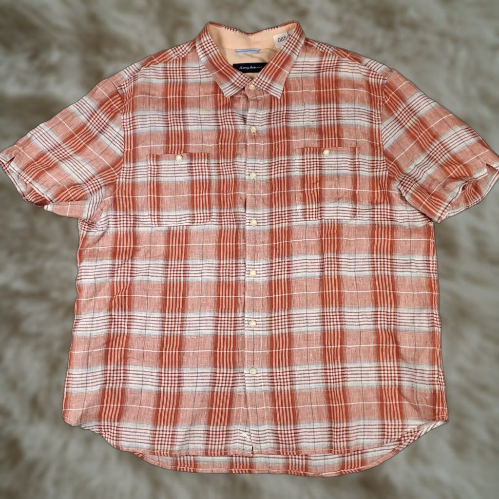 Tommy Bahama Tommy Bahama Shirt Mens 3XL Orange Plaid Linen Hawaiian Button Up Short Sleeve Size US XXL / EU 58 / 5 - 1 Thumbnail