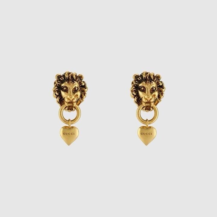 Gucci NEW GUCCI LION HEAD AND HEART EARRINGS GOLD TONE METAL Size ONE SIZE - 1 Thumbnail
