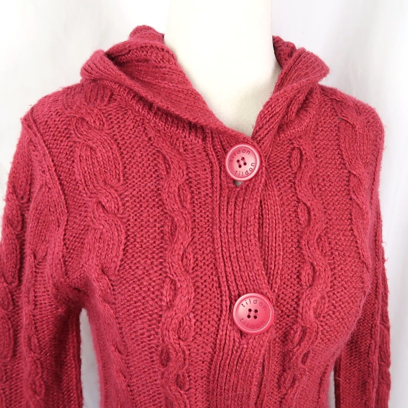 Vintage VINTAGE Tildon Cardigan Hooded Cable-Knit Wool Blend Red Burgundy Knit Sweater M Women Size M / US 6-8 / IT 42-44 - 2 Thumbnail