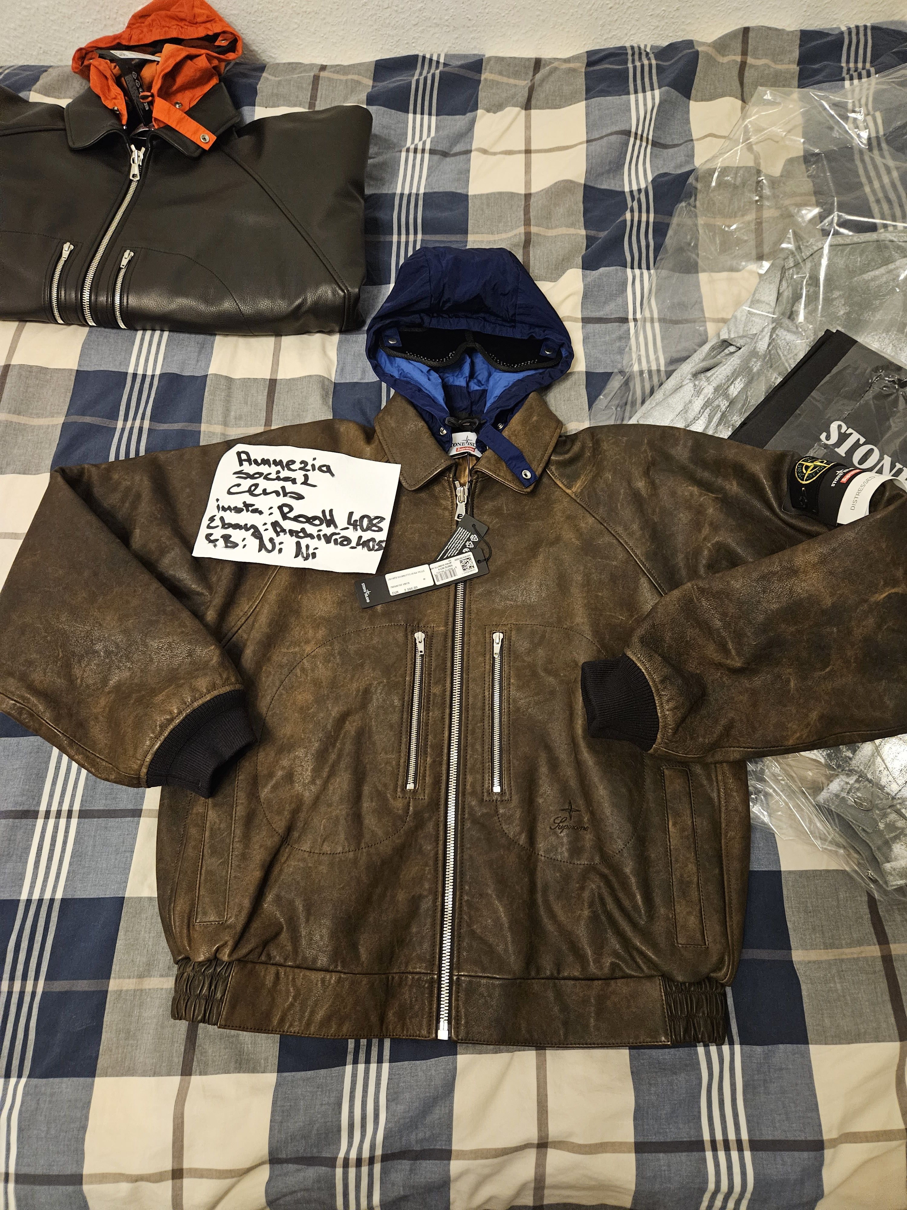 Pre-owned Stone Island X Supreme Distressed Leather Bomber Brown