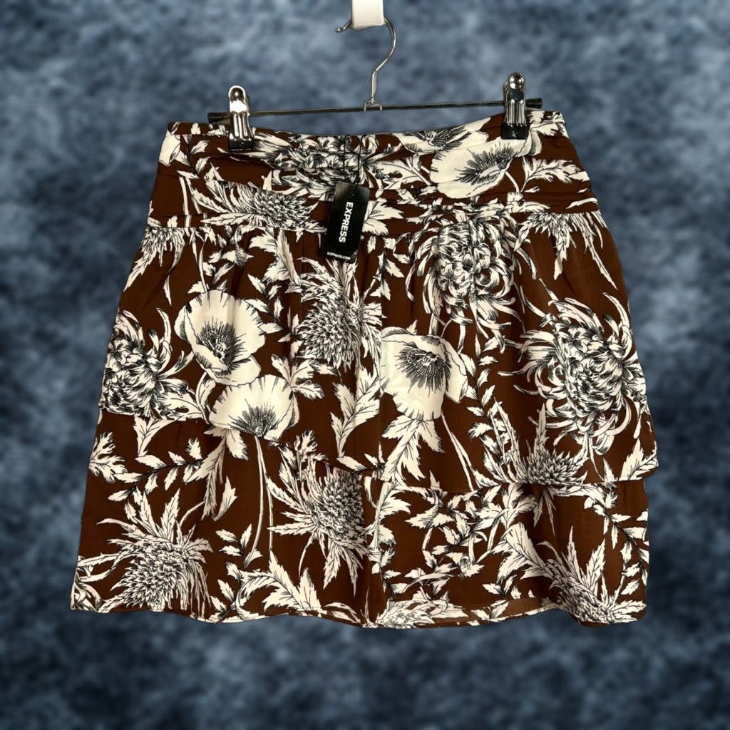 Express Express Floral Mini Skirt Women's 6 Brown 100% Polyester NEW! Size 28" / US 6 / IT 42 - 1 Thumbnail