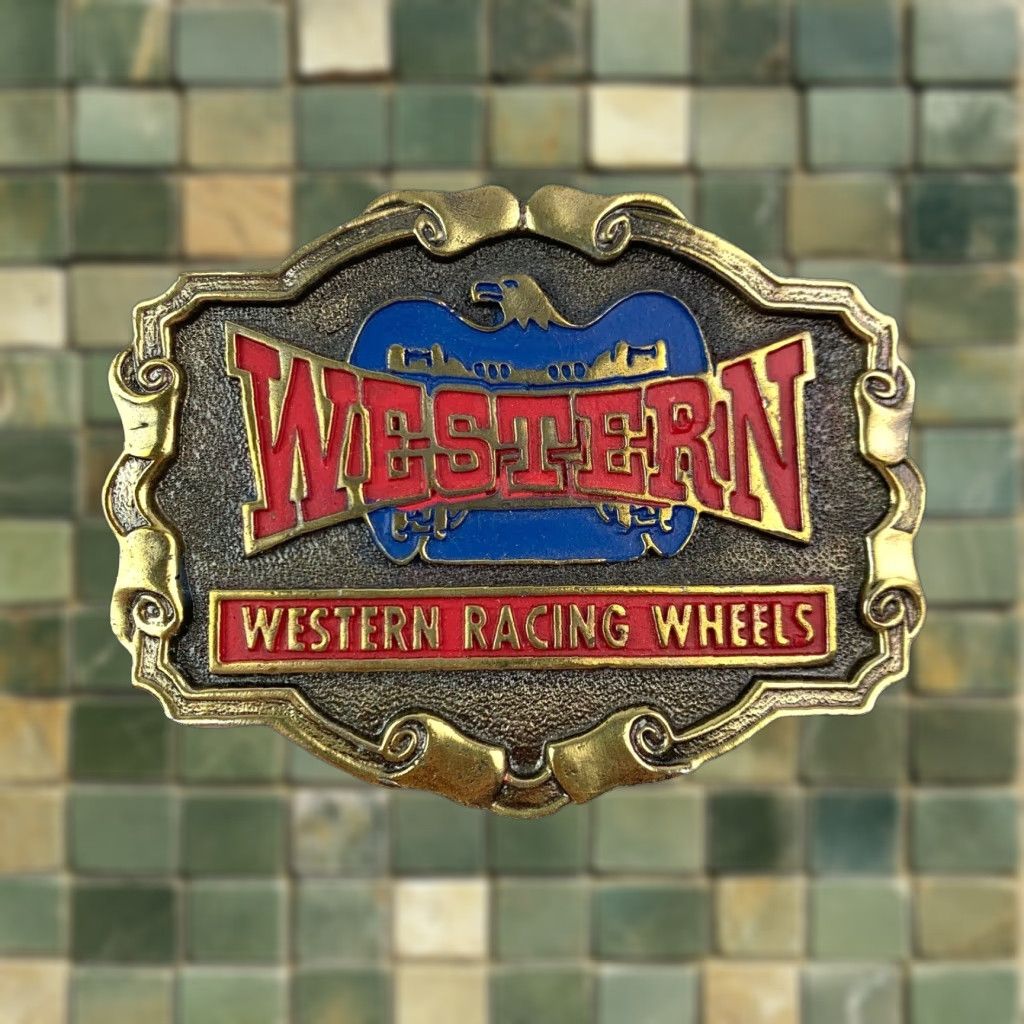 Vintage VINTAGE Western Racing Wheels Ornate Eagle Metal Belt Buckle Belt Buckle Men Women Adults Unisex Silver 1980s Size ONE SIZE - 1 Thumbnail