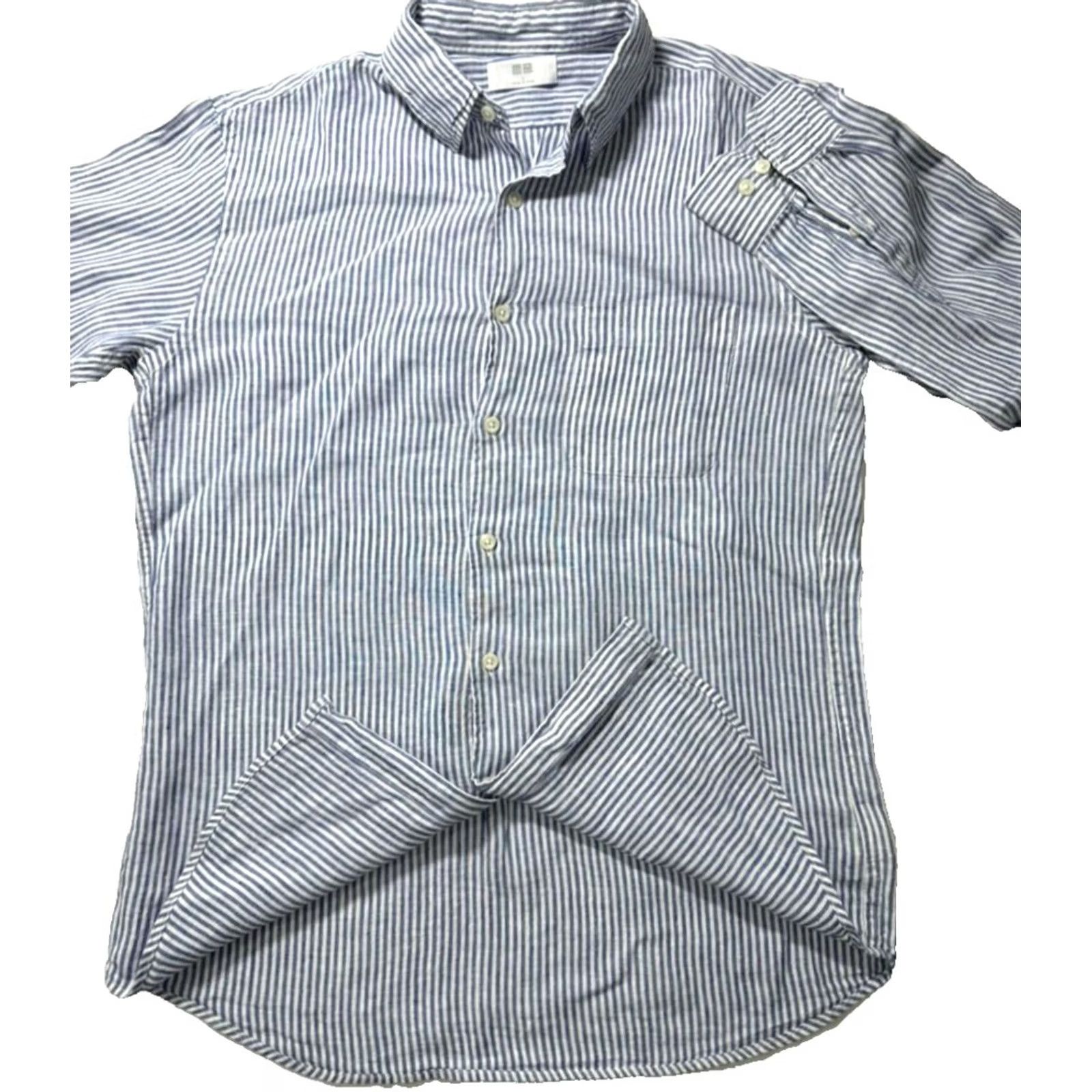 Uniqlo Uniqlo Blouse - Linen, Striped, Button, Collared, Long Sleeve, Blue/White - Size L - Casual Women's Top Size L / US 10 / IT 46 - 3 Thumbnail