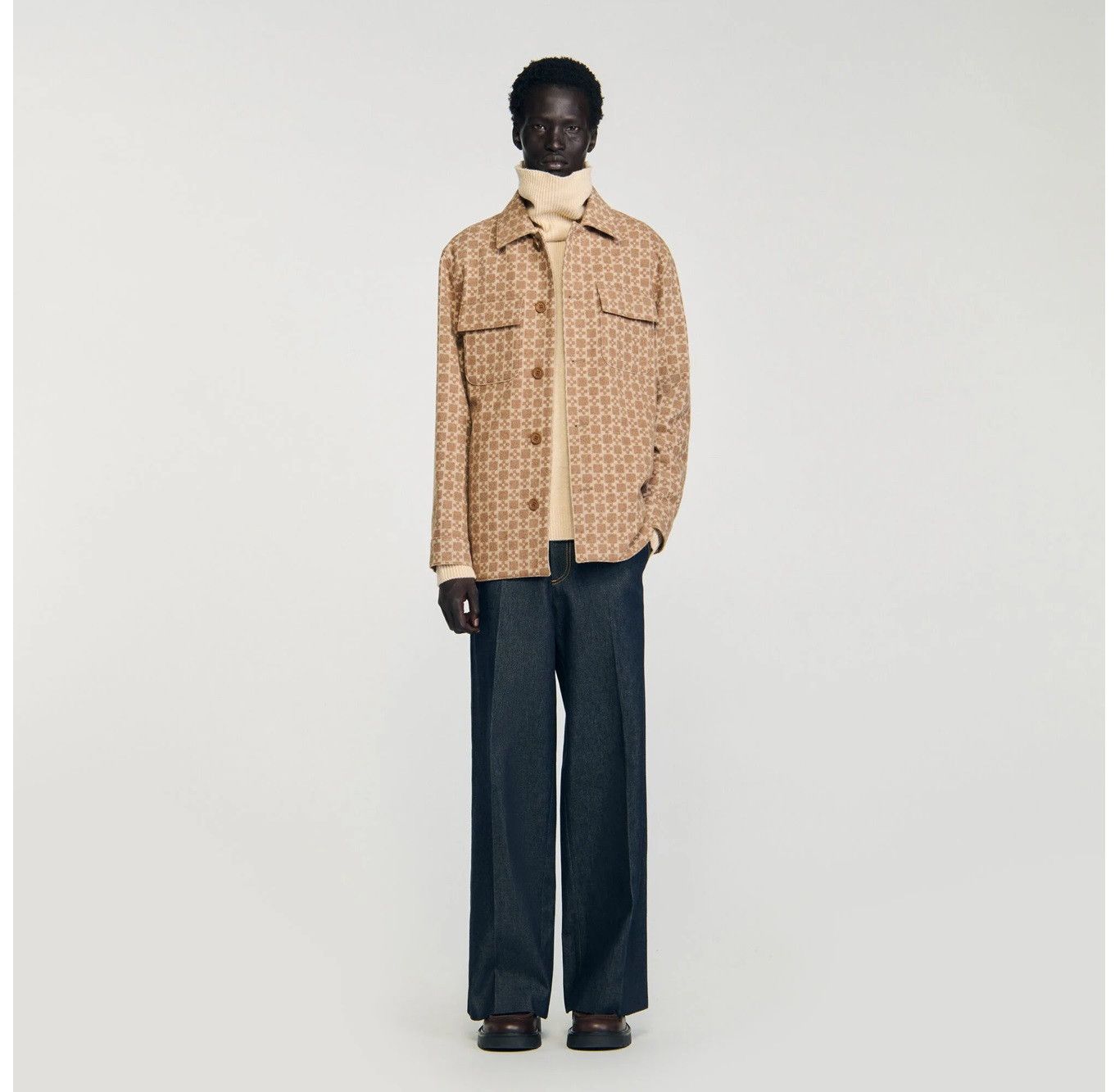 Sandro Square Cross jacquard overshirt in Camel Size US M / EU 48-50 / 2 - 7 Thumbnail
