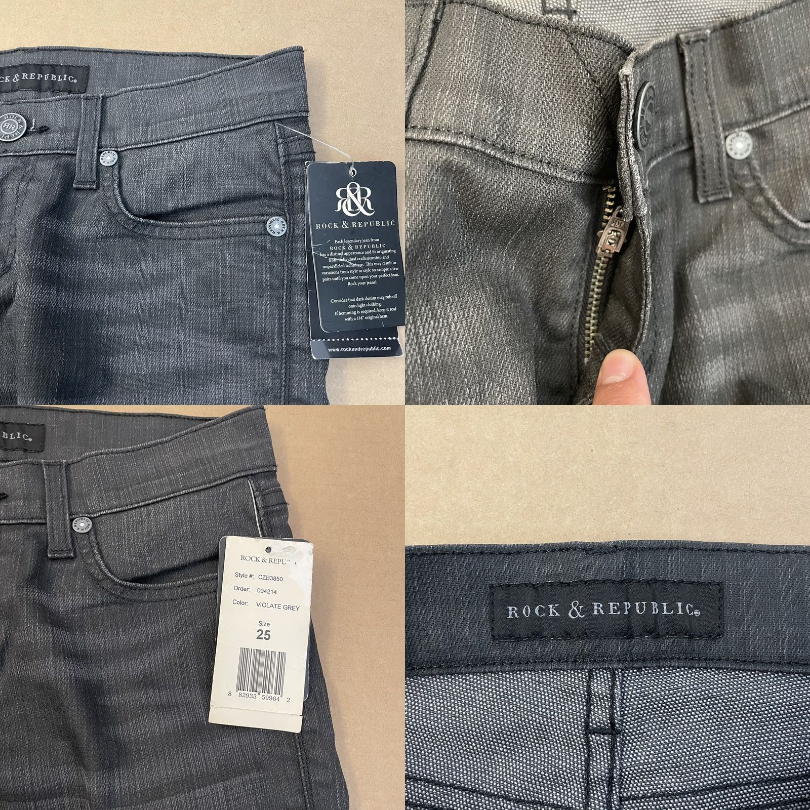 Vintage Rock & Republic Jeans Womens 25 Gray Skinny Zipper Fly Pockets Distress Ladies Size 42" / US 20 - 9 Thumbnail