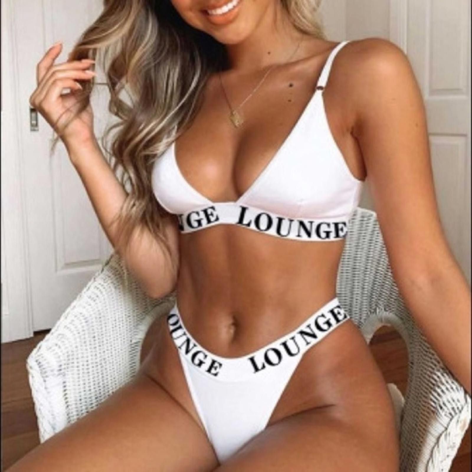 Designer Thong And Bra Lounge Set White NWT Size ONE SIZE - 1 Thumbnail