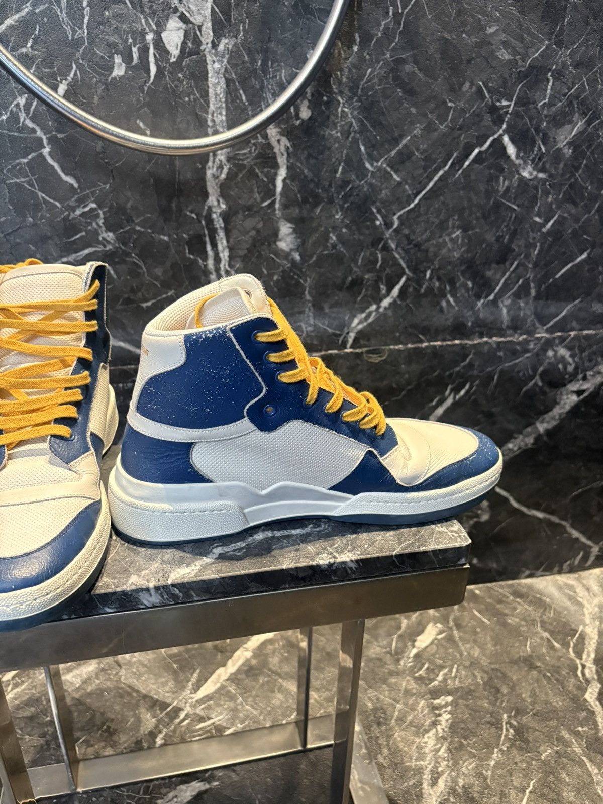 Saint Laurent Paris Saint Laurent Off-White & Blue SL24 High-Top Sneakers Size US 13 / EU 46 - 5 Thumbnail