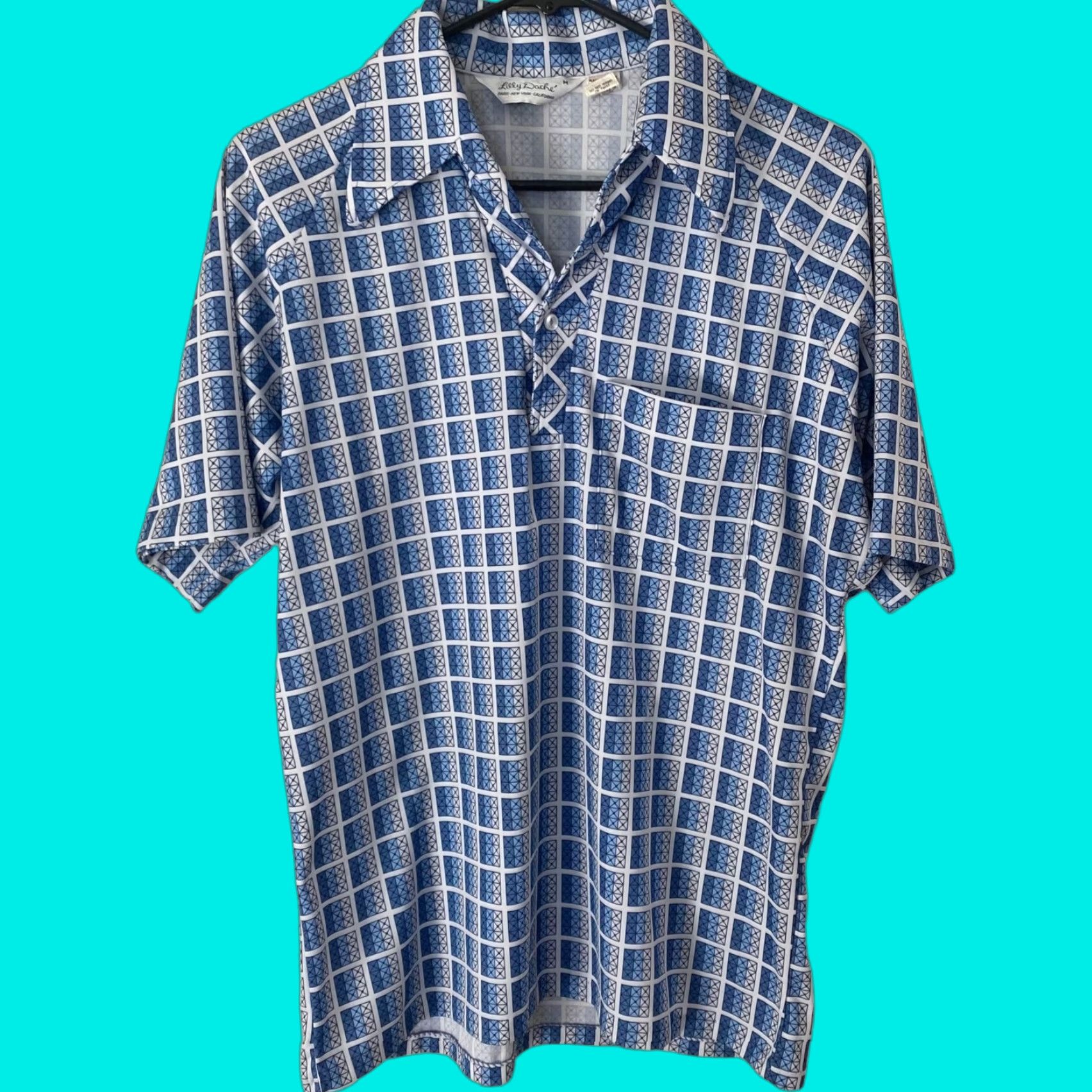 Vintage VINTAGE Lily Daché Polo Shirt Blue Geometric Men's M Short-Sleeve Button-Up Size US M / EU 48-50 / 2 - 1 Thumbnail