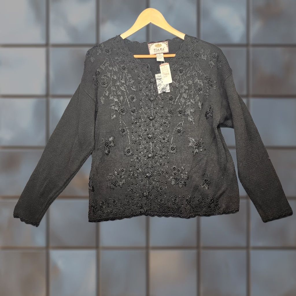 Vintage VINTAGE Tiara Cardigan Sweater Womens Large Black Embellished Floral NEW Size L / US 10 / IT 46 - 1 Thumbnail