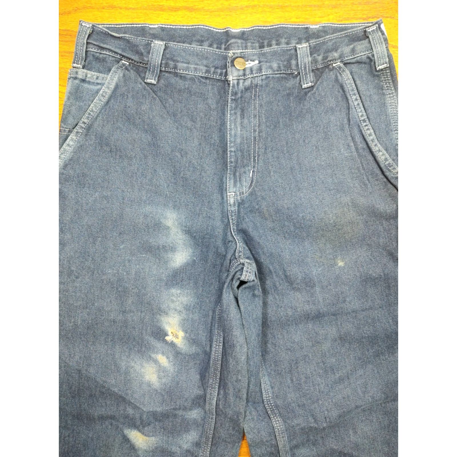 Carhartt VINTAGE Carhartt Jeans Dungaree Fit Utility Relaxed Mens 38x32 Blue Denim 5-Pocket Distressed Waist 12in Rise 100% Cotton Shirt? Size US 38 / EU 54 - 4 Thumbnail