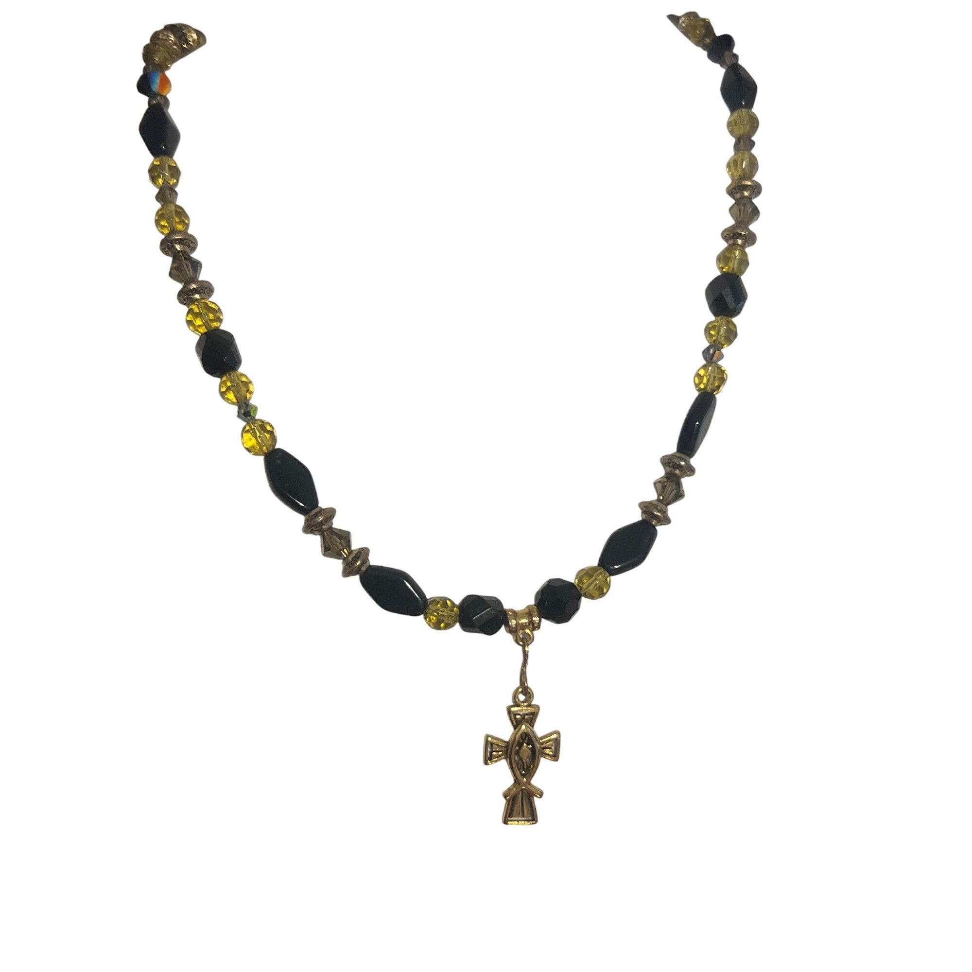 Other Vintage Black Gold Glass Bead Necklace Cross Pendant Toggle Size ONE SIZE - 1 Thumbnail