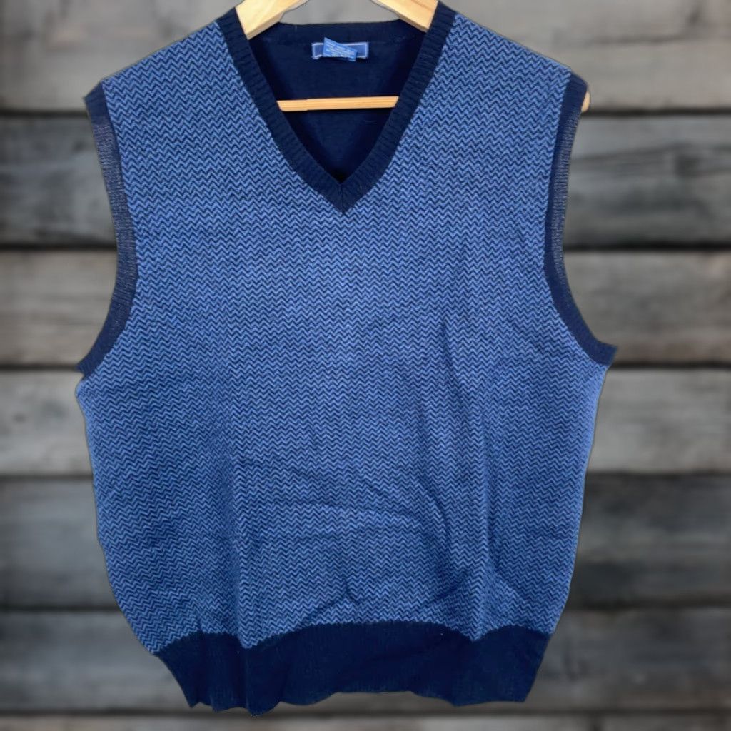 Faconnable Faconnable Vest Mens Large Blue Herringbone V-Neck Merino Wool Lightweight Knit Size US L / EU 52-54 / 3 - 1 Thumbnail