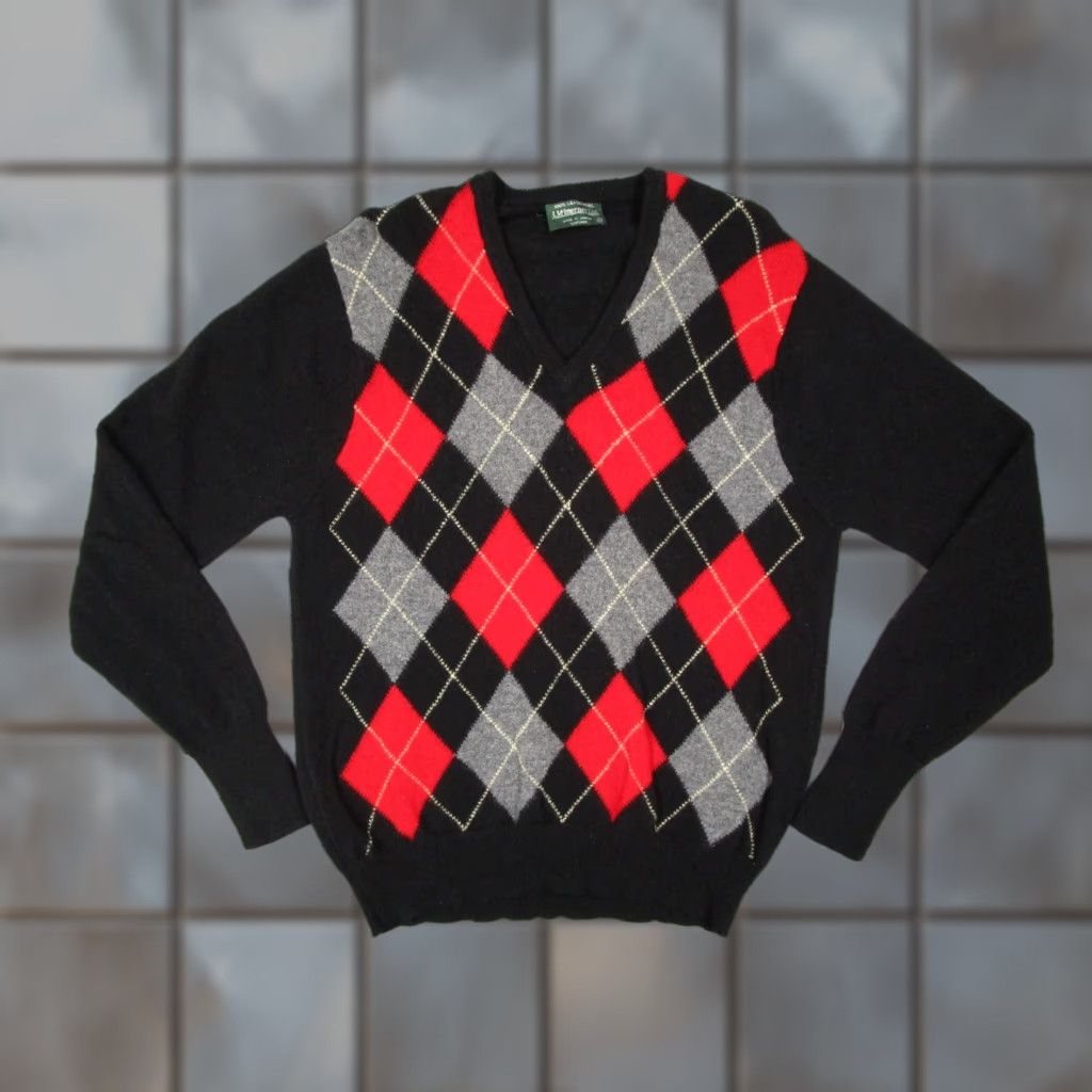 Vintage Vintage J McInerney Ltd. Men’s Black V Neck Long Sleeve Pullover Knit Sweater Argyle Wool Lambswool 42 L Size US L / EU 52-54 / 3 - 1 Thumbnail