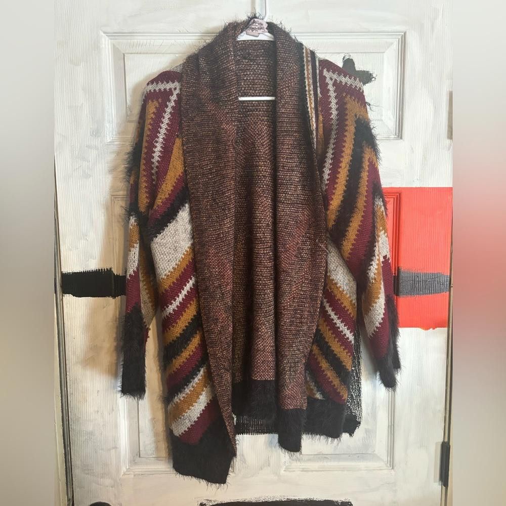 Designer Oliver large fuzzy red gold & black cardigan Size L / US 10 / IT 46 - 1 Thumbnail