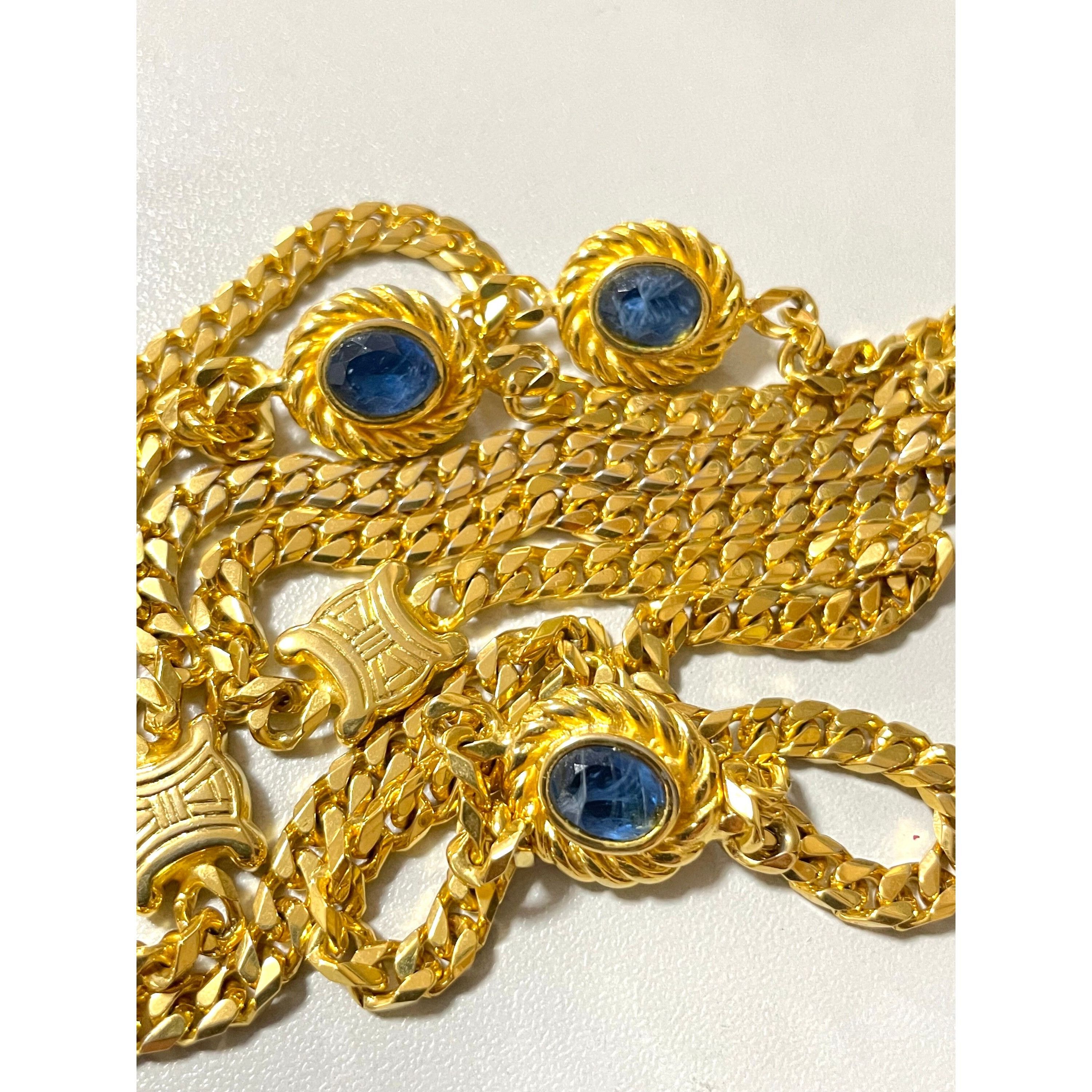 Celine Vintage Celine gold chain necklace, blue stone and triomphe Size ONE SIZE - 6 Thumbnail