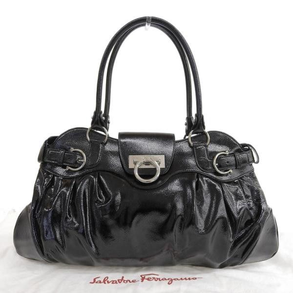 image of Salvatore Ferragamo Patent Leather Gancini Handbag in Black, Women's