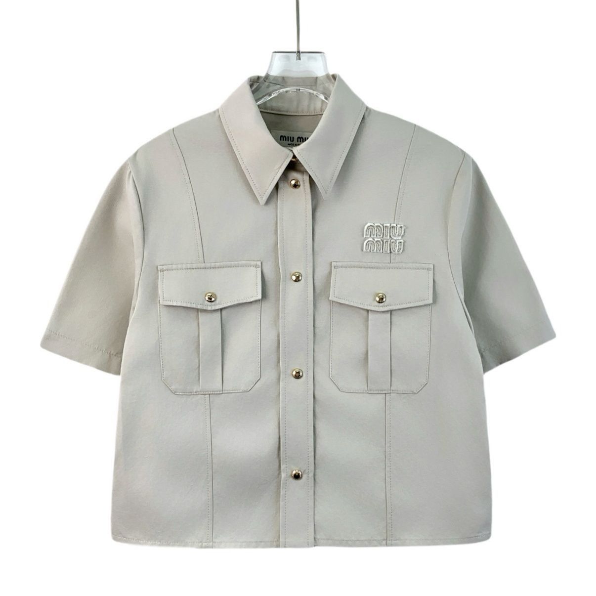 Miu Miu Miu Miu Beige Cotton Logo Utility Button-Up Shirt (Size M) Size S / US 4 / IT 40 - 1 Thumbnail