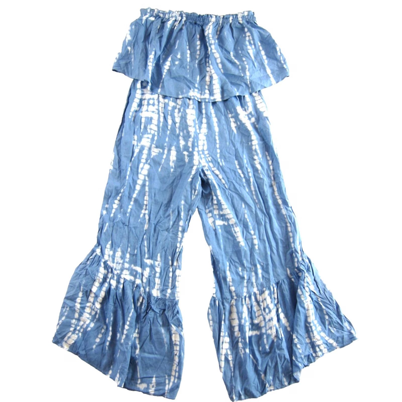 Vintage Japna Blue White Tie Dye 100% Rayon Strapless Wide Leg Romper Jumpsuit L Blue Tie Dye Rayon Strapless Wide-Leg Jumpsuit Womens Size 36" / US 14 / IT 50 - 2 Thumbnail