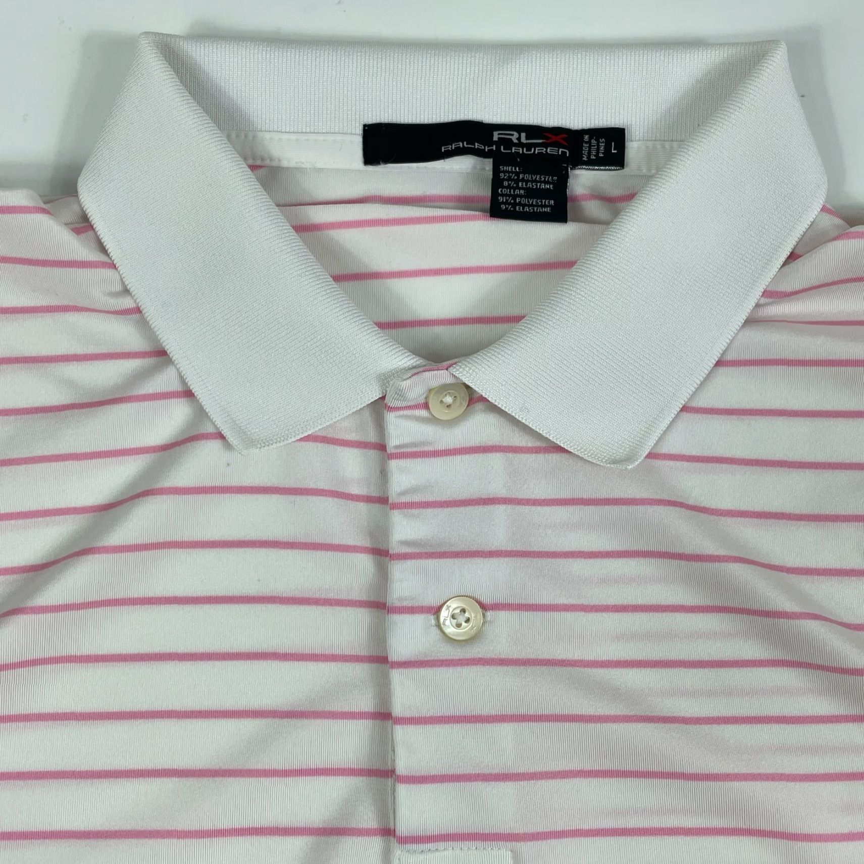 RLX Ralph Lauren VINTAGE RLX Ralph Lauren Polo Shirt Mens Large White Pink Short Sleeve Golfing Stretch Size US L / EU 52-54 / 3 - 7 Thumbnail